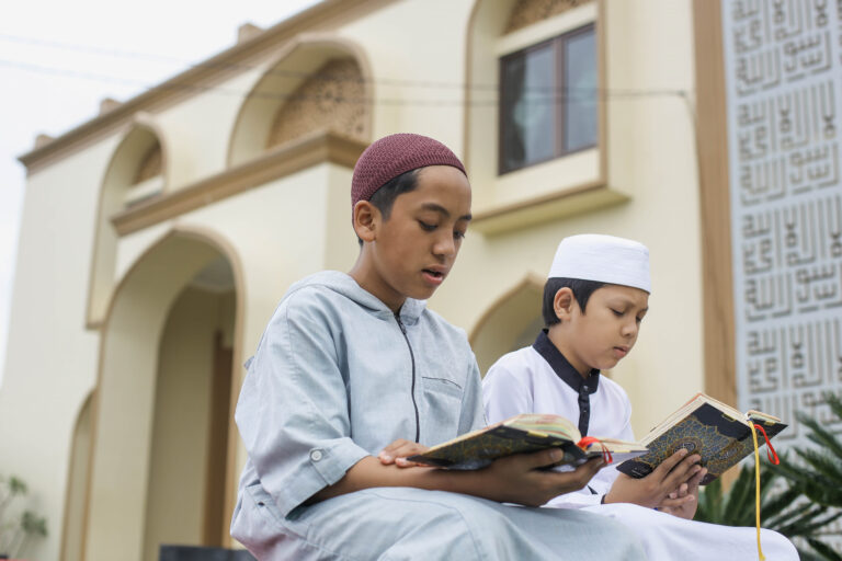 islamic boarding school students are reading koran courtyard mosque