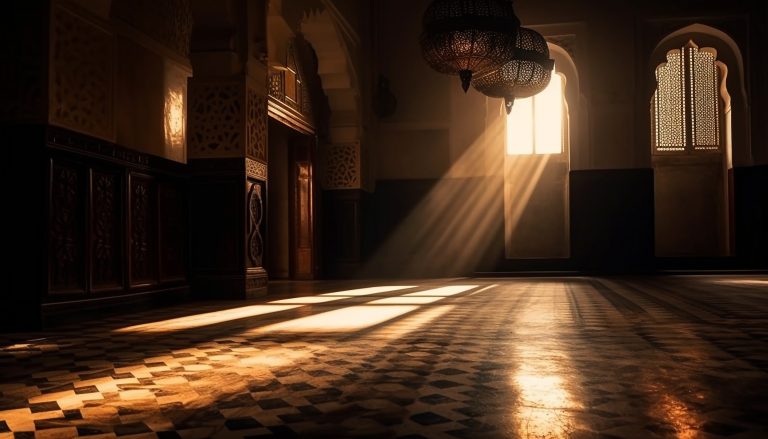 illuminated ancient corridor leads modern spirituality generated by ai